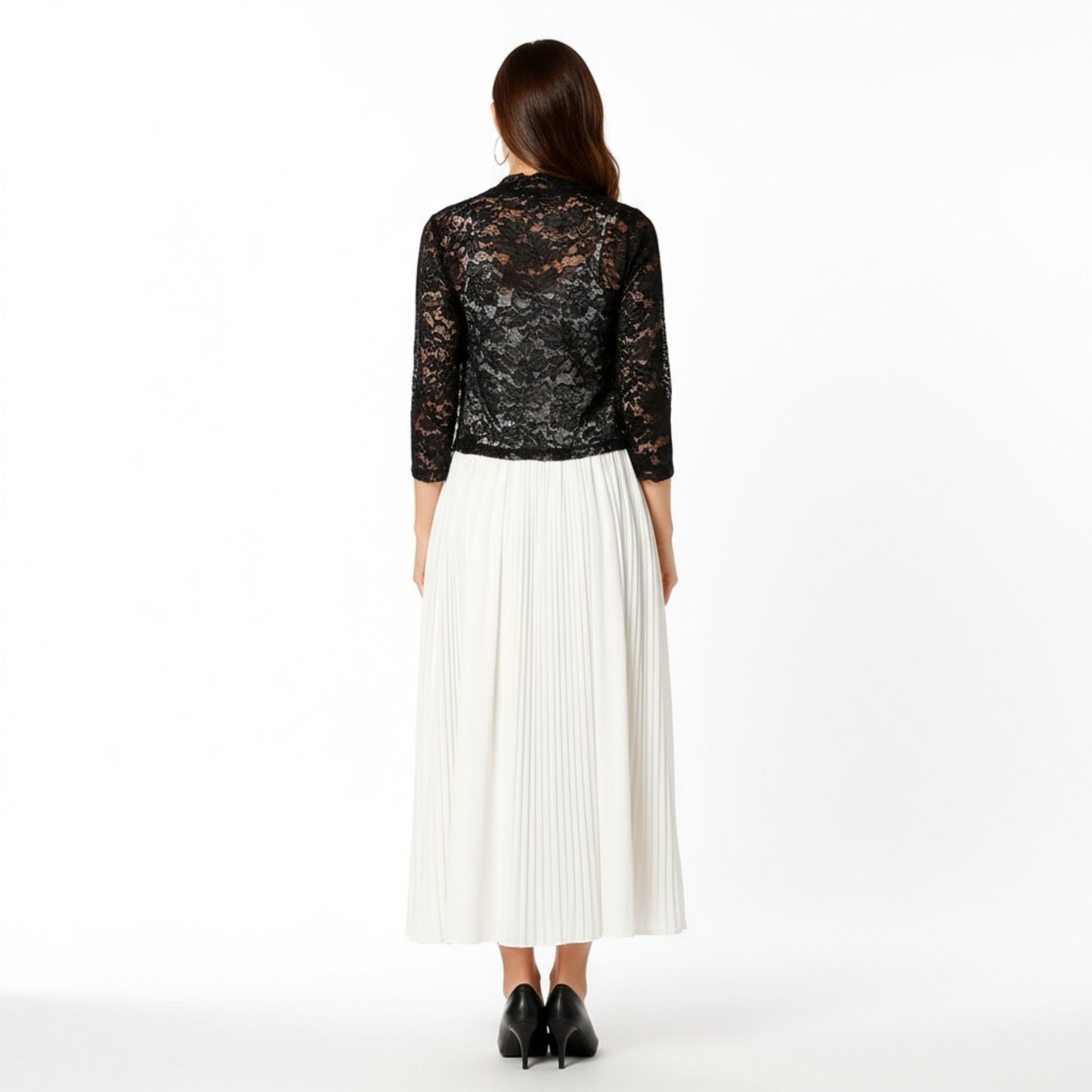 Floral Lace Cropped Cardigan with 3/4 Sleeves and Scalloped Trim