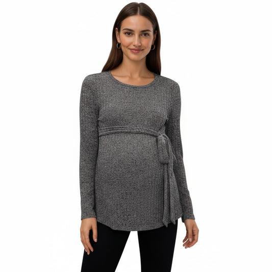 Long Sleeve Maternity Top with Textured Knit Fabric and Side Bow Detail
