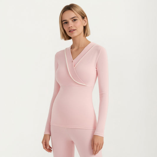 Long Sleeve Wrap Front Maternity Top with Contrast Trim and Fitted Silhouette