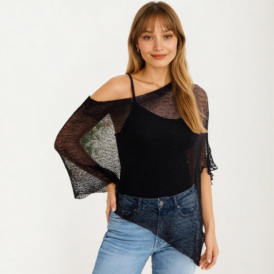 Sheer Knit Asymmetrical Poncho Top with One Shoulder Design and Lightweight Texture