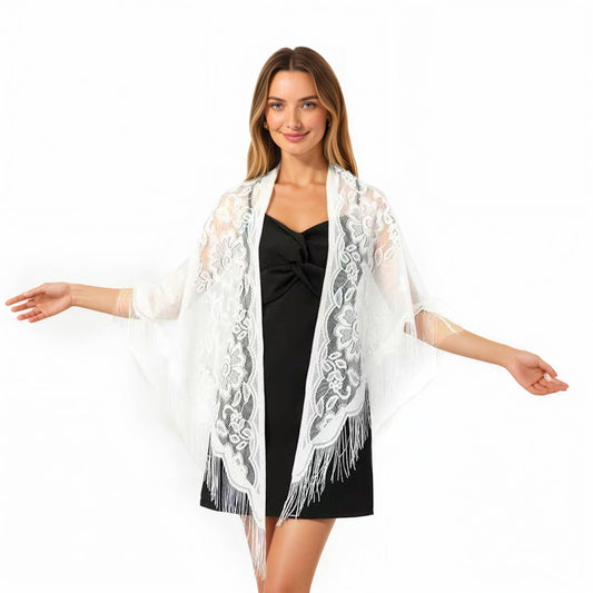 Sheer Lace Kimono Shawl with Floral Embroidery and Fringe Hem