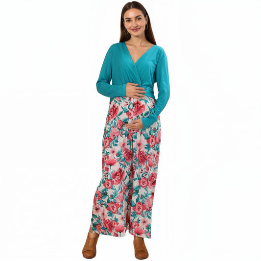 Long Sleeve Floral Print Maternity Dresswith V-Neck Wrap Top