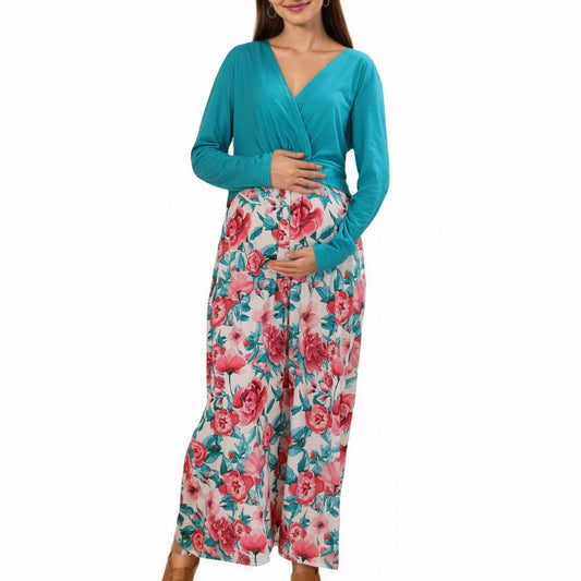 Long Sleeve Floral Print Maternity Dresswith V-Neck Wrap Top