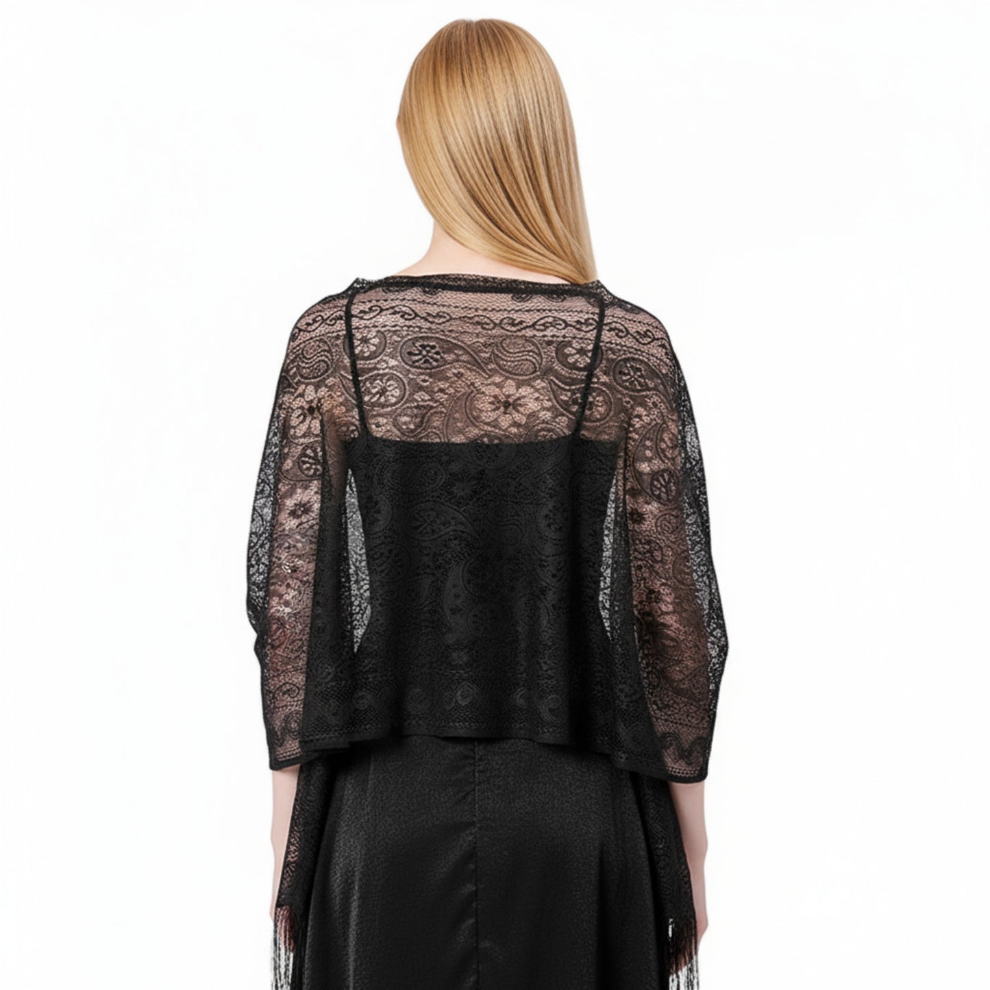 Sheer Lace Kimono Shrug with Floral Pattern and Elbow-Length Sleeves