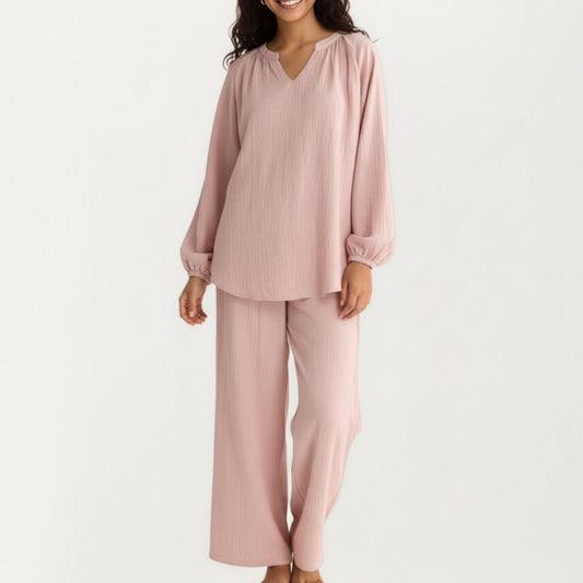 2-Piece Set Textured Long Sleeve Top with Split Neckline and Relaxed Fit Lounge Pants