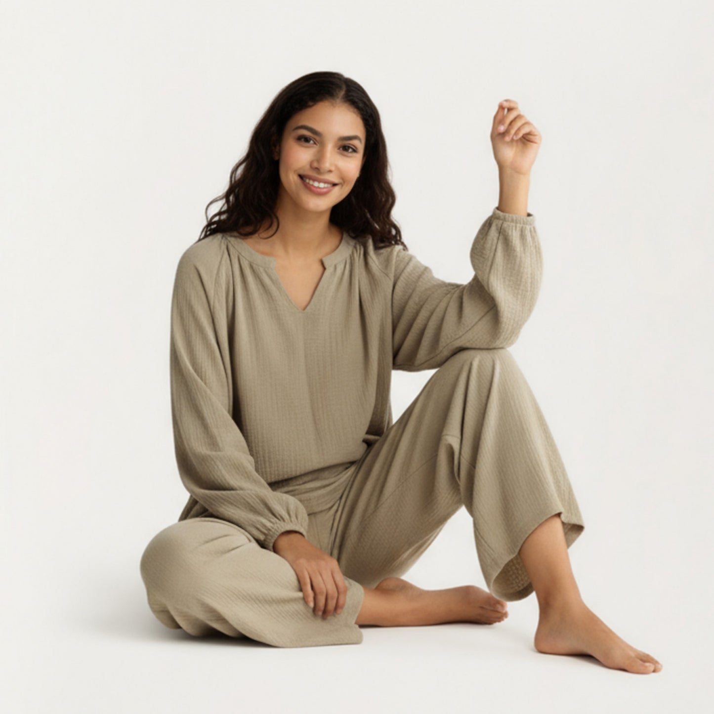2-Piece Set Textured Long Sleeve Top with Split Neckline and Relaxed Fit Lounge Pants