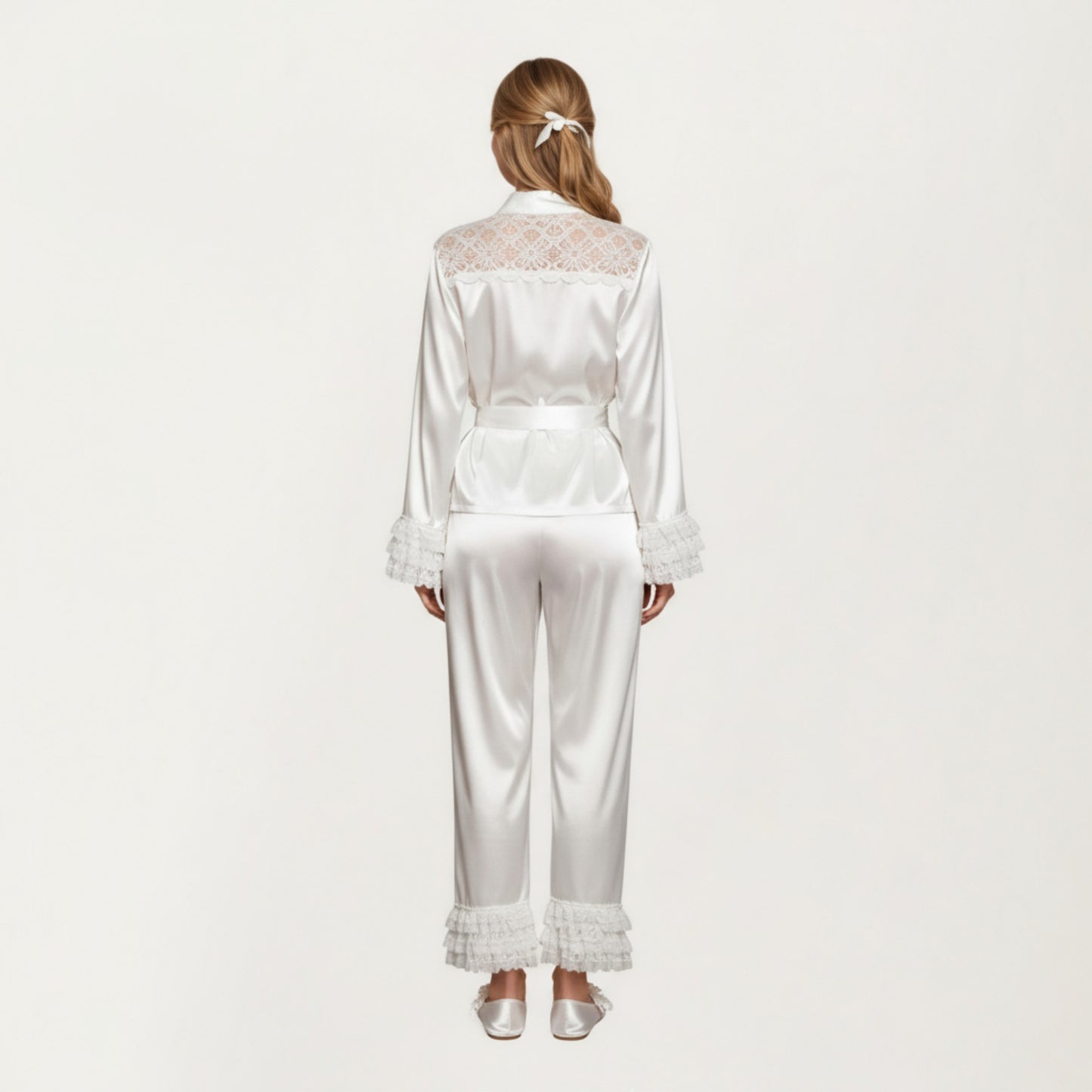 2-Piece Set Satin Lace Trim Long Sleeve Top with Tie Waist and Ruffle Hem Pants