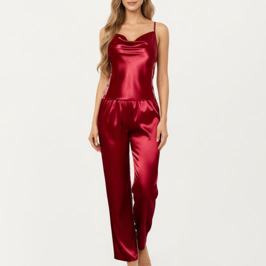 2-Piece Set Satin Cowl Neck Camisole Top with Adjustable Straps and Straight-Leg Pants
