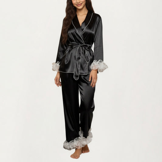 2-Piece Set Satin Wrap Top with Sheer Ruffle Trim and Matching Straight-Leg Pants