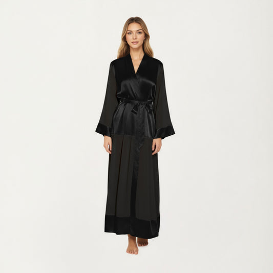 Long Satin Robe with Tie Waist Belt and Wide Cuff Sleeves