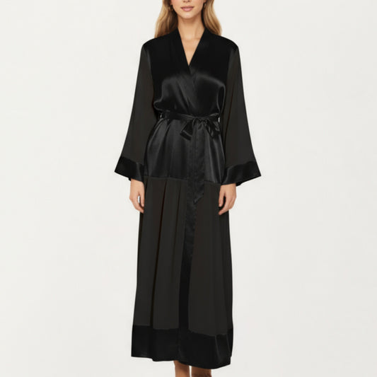 Long Satin Robe with Tie Waist Belt and Wide Cuff Sleeves