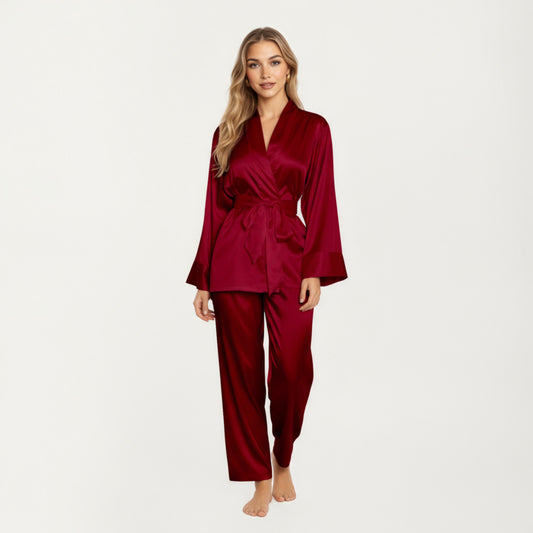 2-Piece Set Satin Wrap Top with Tie Waist and Matching Straight-Leg Pants