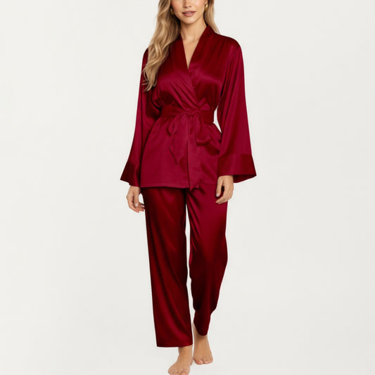 2-Piece Set Satin Wrap Top with Tie Waist and Matching Straight-Leg Pants