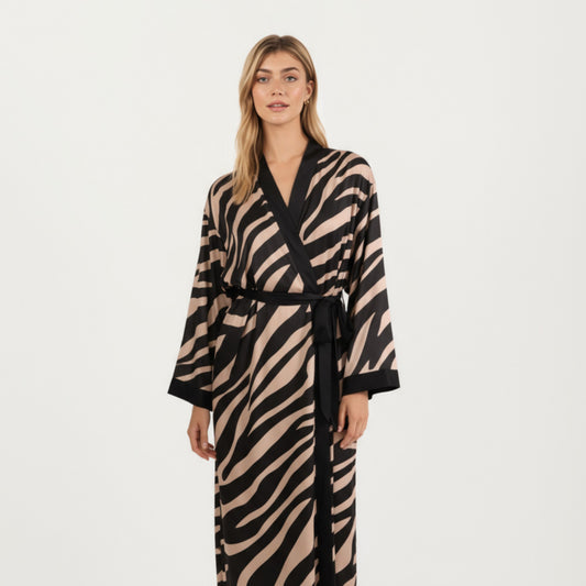 Long Satin Robe with Zebra Print Pattern and Tie Waist Belt