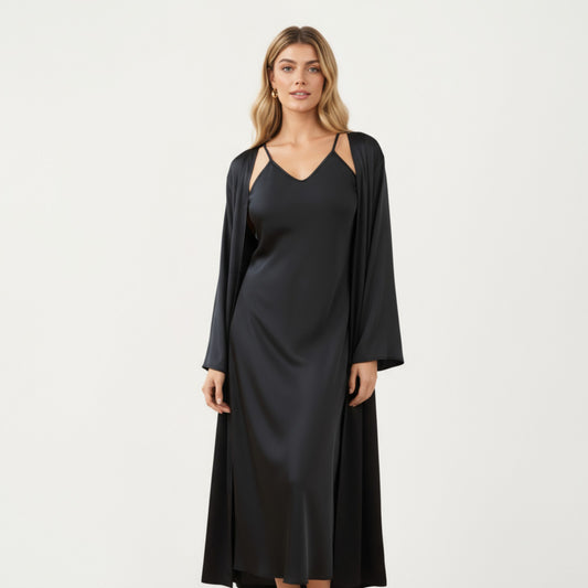 Long Satin Wrap Robe with Tie Waist and Relaxed Draped Sleeves