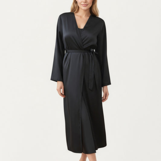 Long Satin Wrap Robe with Tie Waist and Relaxed Draped Sleeves