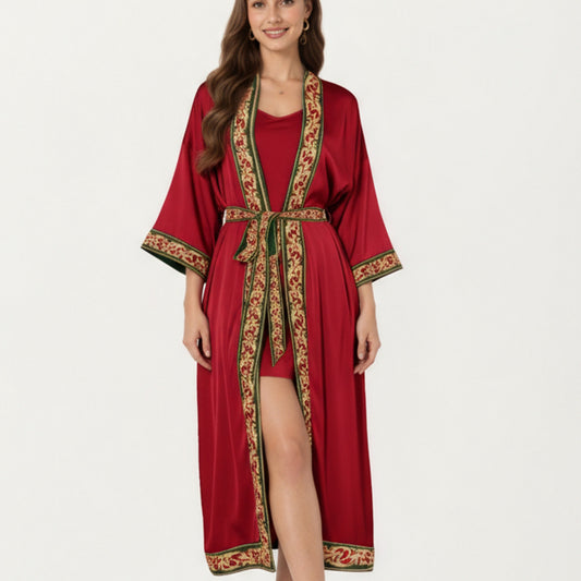 Long Satin Kimono Robe with Embroidered Trim and Wide Sleeves