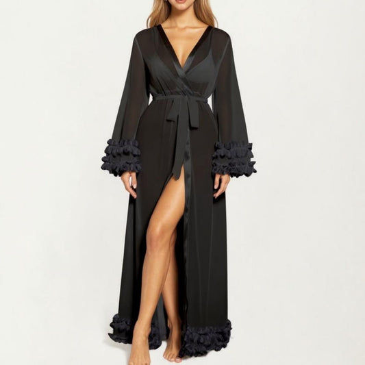 Long Satin Robe with Ruffled Cuffs Hem and Tie Waist Belt