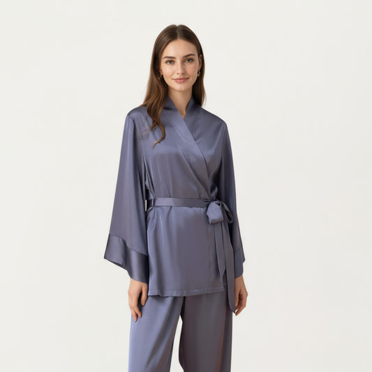 2-Piece Satin Pajama Set with Kimono Sleeve Wrap Top and Wide-Leg Pants
