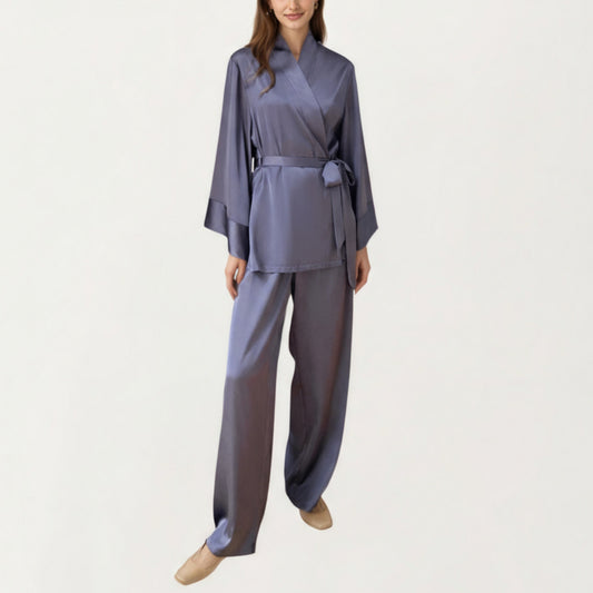 2-Piece Satin Pajama Set with Kimono Sleeve Wrap Top and Wide-Leg Pants