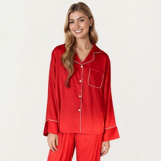 2-Piece Satin Pajama Set with Button-Down Long Sleeve Top and Piped Trim Wide-Leg Pants