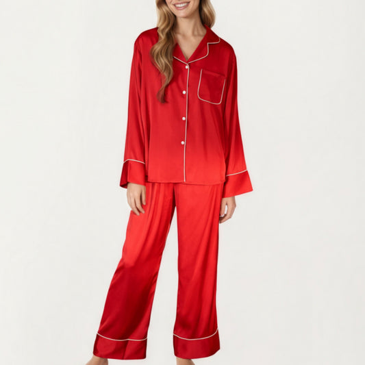 2-Piece Satin Pajama Set with Button-Down Long Sleeve Top and Piped Trim Wide-Leg Pants