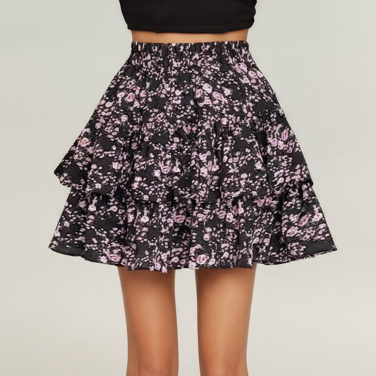 Floral Print Tiered Mini Skirt with Elastic Waist and Ruffled Layers
