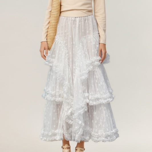 Tiered Lace Maxi Skirt with Sheer Floral Embroidery and Ruffled Hem Layers