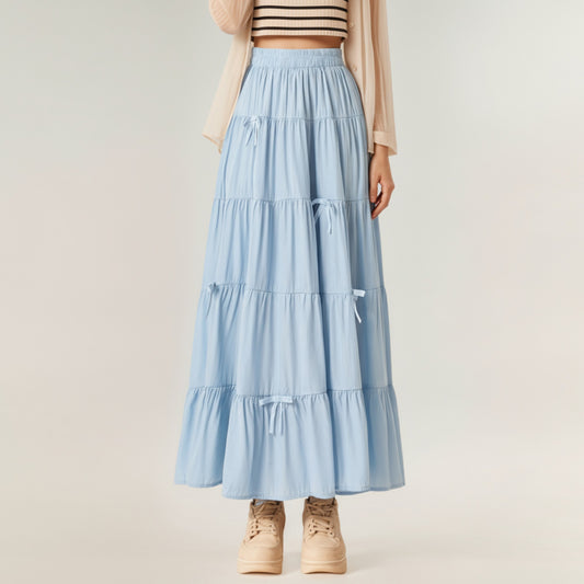 Tiered Maxi Skirt with Elastic Waist and Delicate Ribbon Tie Details