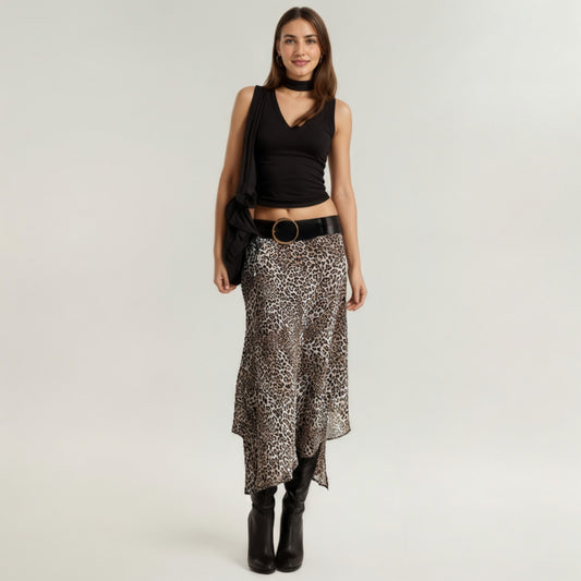 Leopard Print Midi Skirt with Asymmetrical Hem and Flowing Sheer Overlay