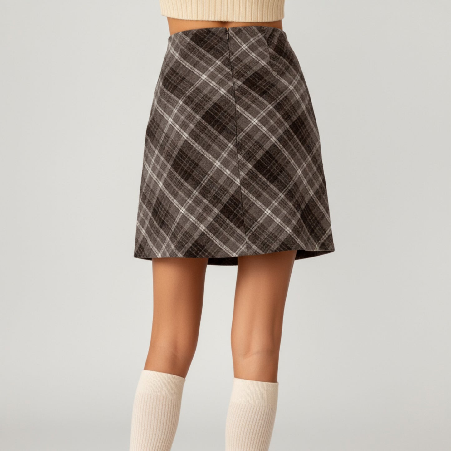Plaid A-Line Mini Skirt with Classic Check Pattern and Wool-Like Texture