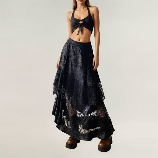 Asymmetrical Tiered Lace Maxi Skirt with Sheer Layered Hem and Flowy Silhouette