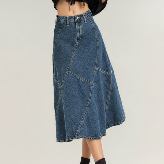 High Waist Denim Midi Skirt with Patchwork Seam Detailing and Flared Silhouette