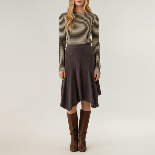 Asymmetrical Midi Skirt with Flowy Hem and Soft Suede-Like Fabric