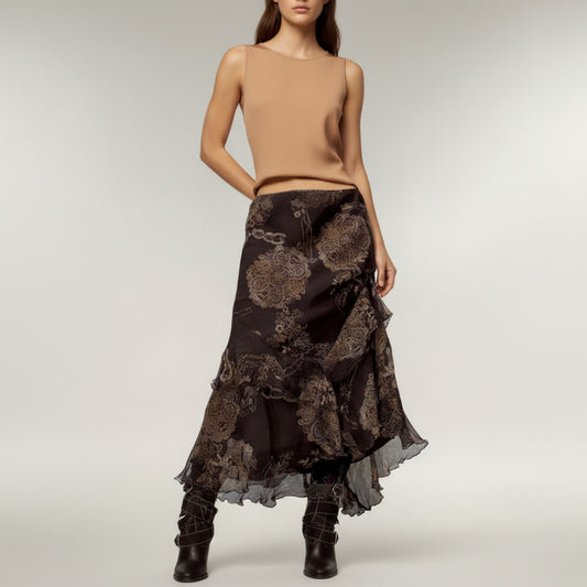 Bohemian Asymmetrical Midi Skirt with Ruffled Hem and Vintage Lace Print
