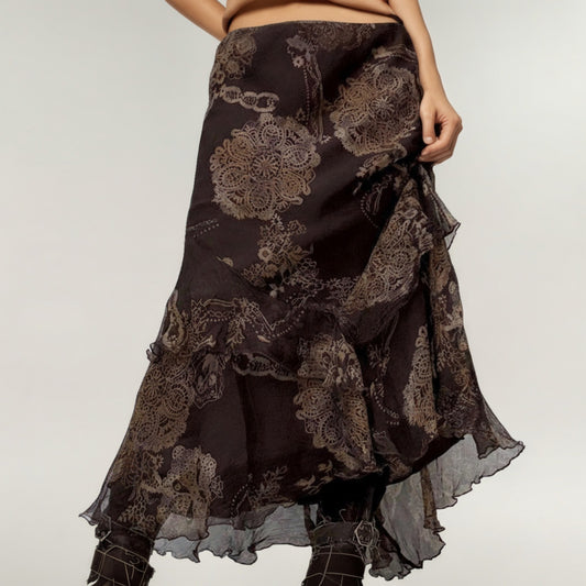 Bohemian Asymmetrical Midi Skirt with Ruffled Hem and Vintage Lace Print