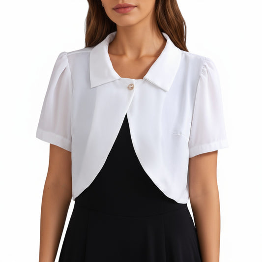 Short Sleeve Cropped Bolero Jacket with Curved Hem and Single Button Closure