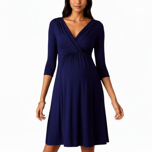 3/4 Sleeve Wrap Front Maternity Dress with Empire Waist and A-Line Silhouette