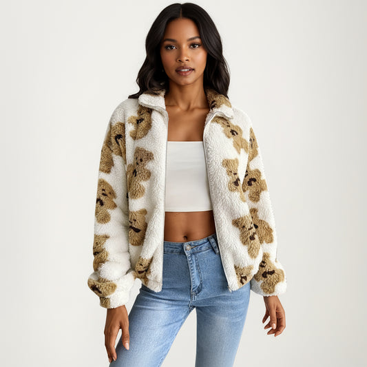 Zip-Up Teddy Print High Pile Fleece Jacket with Long Sleeves and Relaxed Fit