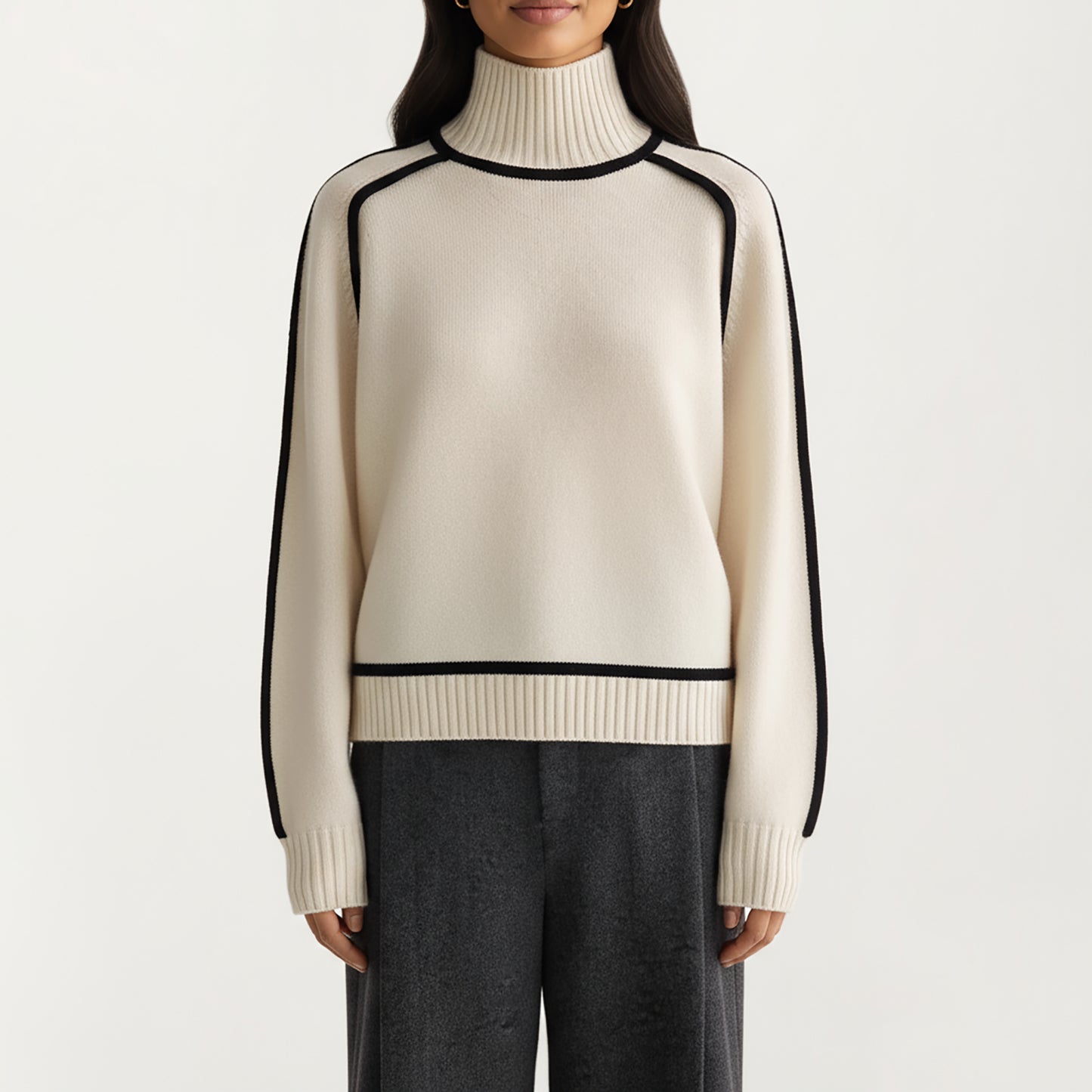 Turtleneck Pullover Top with Contrast Trim Details and Ribbed Hemline for a Clean Modern Silhouette