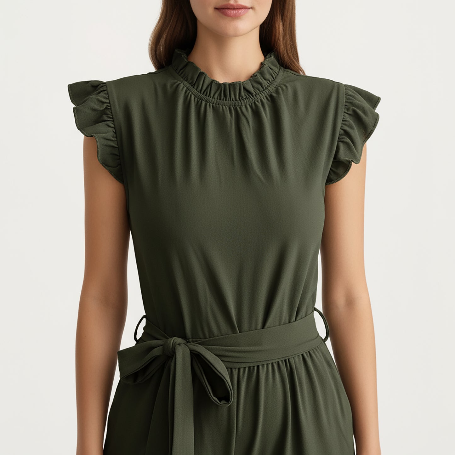 Ruffle Neck Sleeveless Wide Leg Jumpsuit with Soft Draped Waist Tie and Relaxed Flowing Silhouette