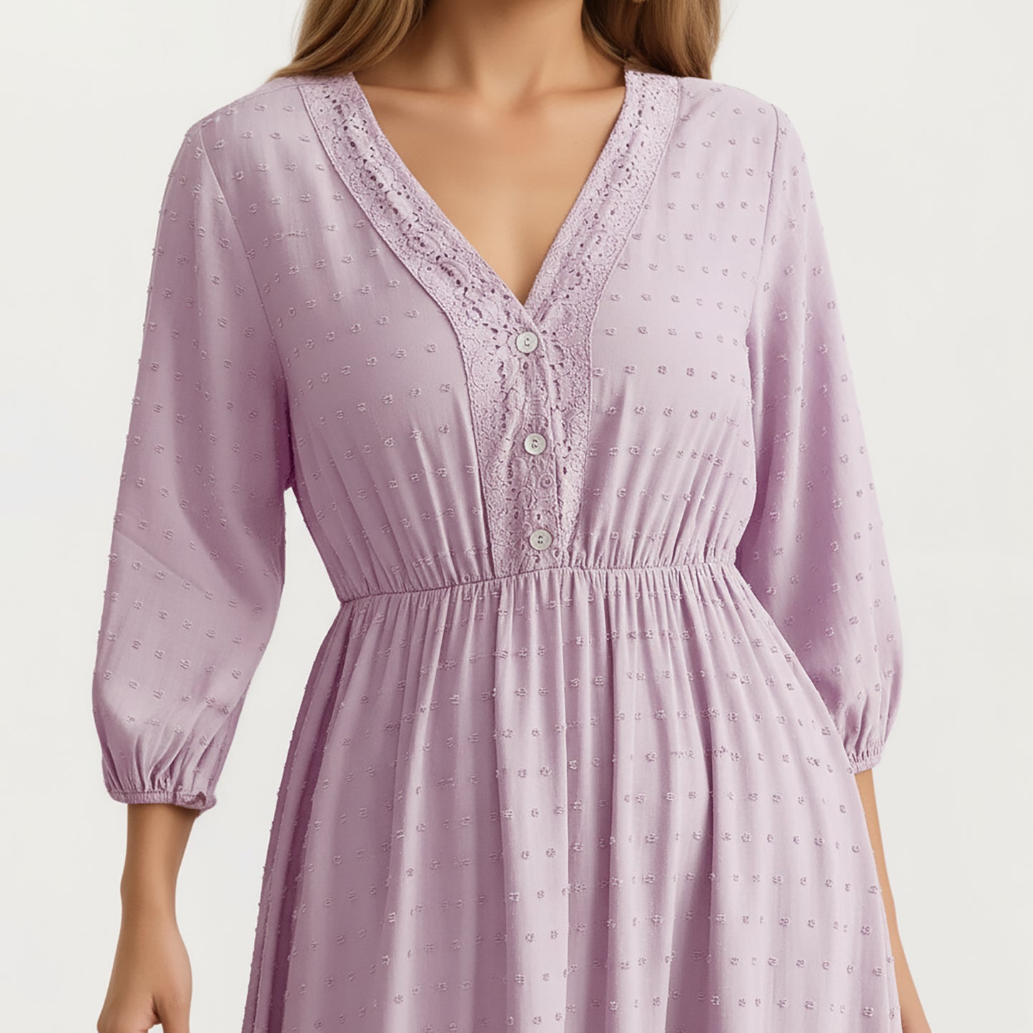 V-Neck Button Front Midi Dress with Textured Swiss Dot Fabric and Soft Gathered Waist Design