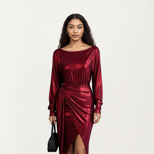 Long Sleeve Metallic Sheen Midi Dress with Draped Front Overlay and Soft Self Tie Waist for Flattering Silhouette