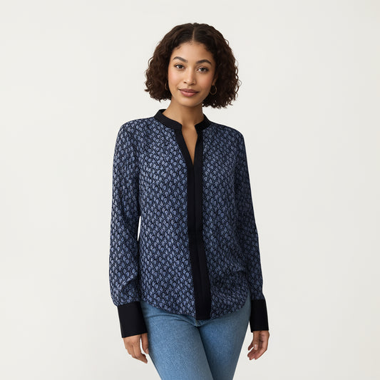Long Sleeve Printed Blouse with Contrast Trim Placket, Structured Cuffs, and Soft Draped Fabric for a Refined Silhouette