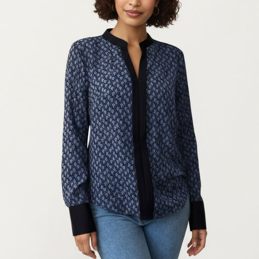 Long Sleeve Printed Blouse with Contrast Trim Placket, Structured Cuffs, and Soft Draped Fabric for a Refined Silhouette
