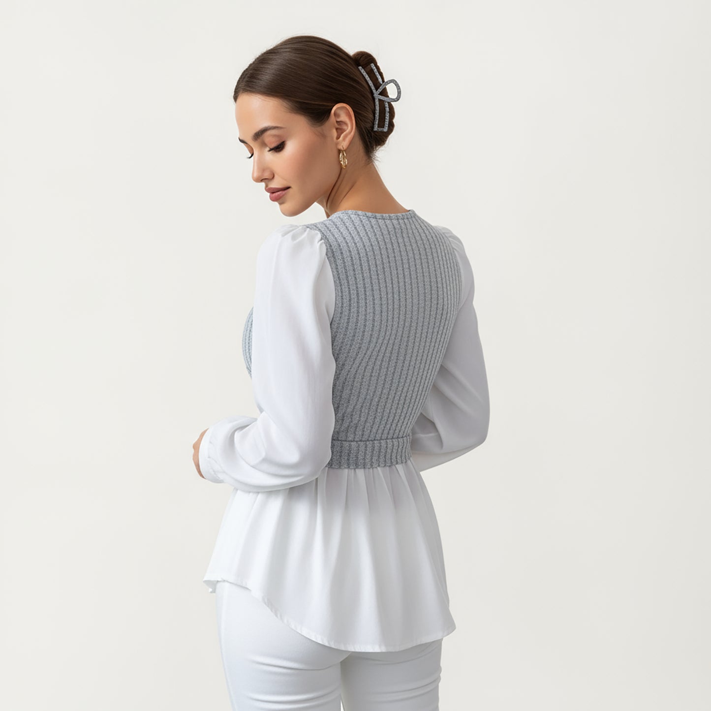 Long Sleeve Layered Top with Ribbed Knit Wrap Bodice, Structured Cuffs, and Flowy Buttoned Hem