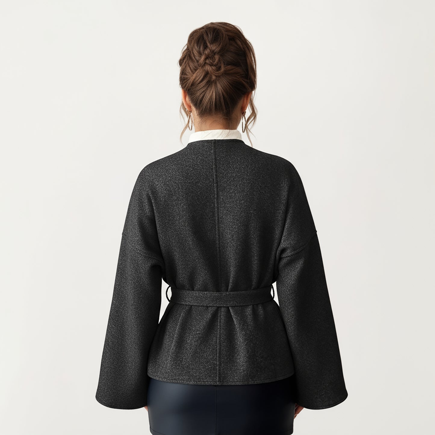 Wrap Front Belted Jacket with Soft Textured Fabric, Wide Sleeves, and Structured Peplum Shape