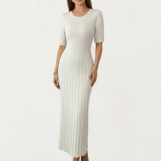 Short Sleeve Ribbed Knit Maxi Dress with Fitted Contouring Silhouette and Vertical Textured Detailing