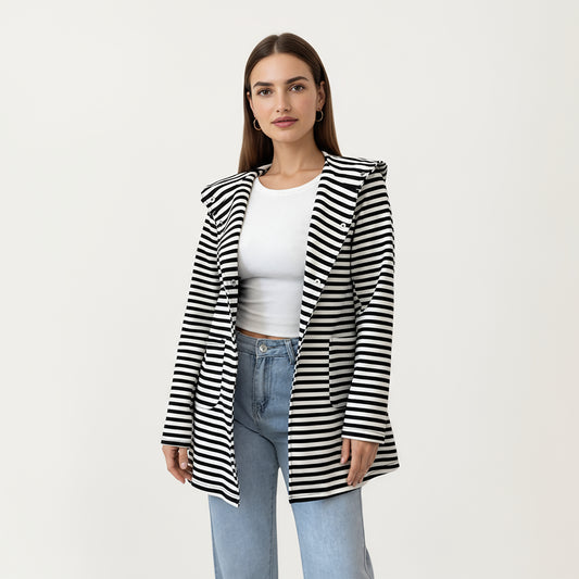 Striped Long Sleeve Hooded Jacket with Front Patch Pockets and Clean Open Front Structured Silhouette