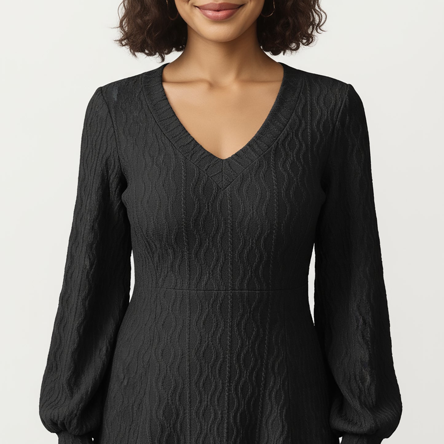 Textured Knit Long Sleeve V-Neck Fit-and-Flare Mini Dress with Soft Rib Detailing and Gentle Drape